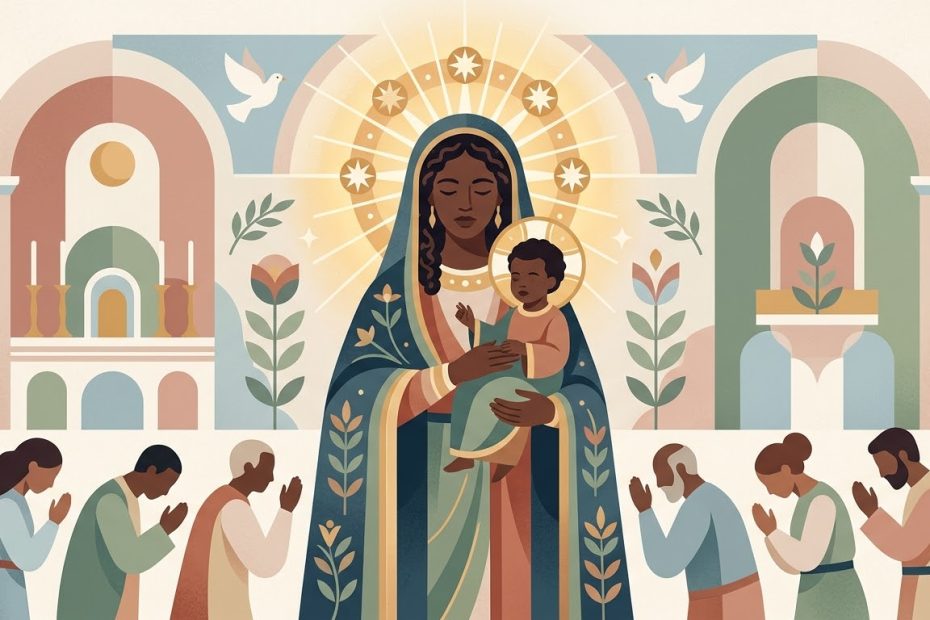 Premier jour : Vierge Noire Mère de Miséricorde - représentation stylisée d'une Vierge à l'Enfant aux traits sombres et majestueux couronnée de lumière